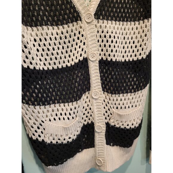Black Tan Wide Stripe Open Knit Slouchy Cardigan Sweater Pockets Sz M Wet Seal - Picture 2 of 6